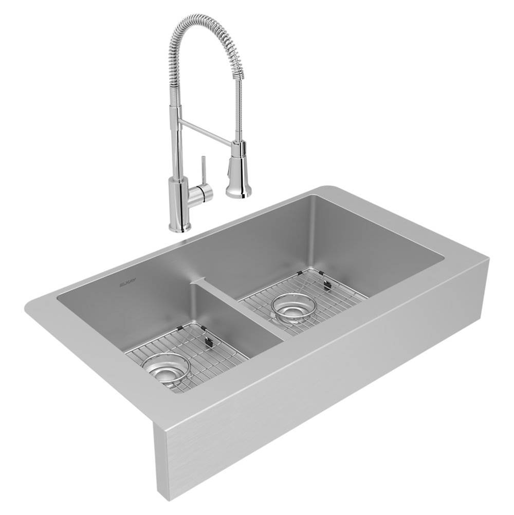 SPS Companies, Inc.ElkayCrosstown Stainless Steel 35-7/8'' x 20-1/4'' x 9'', Equal Double Bowl Farmhouse Sink and Faucet Kit with Aqua Divide and Bottom Grid and Drain