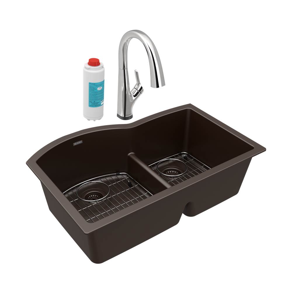 SPS Companies, Inc.ElkayQuartz Classic 33'' x 22'' x 10'', Offset 60/40 Double Bowl Undermount Sink Kit with Filtered Faucet with Aqua Divide, Mocha