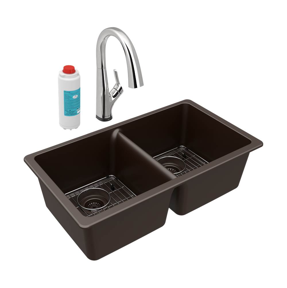 SPS Companies, Inc.ElkayQuartz Classic 33'' x 18-1/2'' x 9-1/2'', Equal Double Bowl Undermount Sink Kit with Filtered Faucet, Mocha