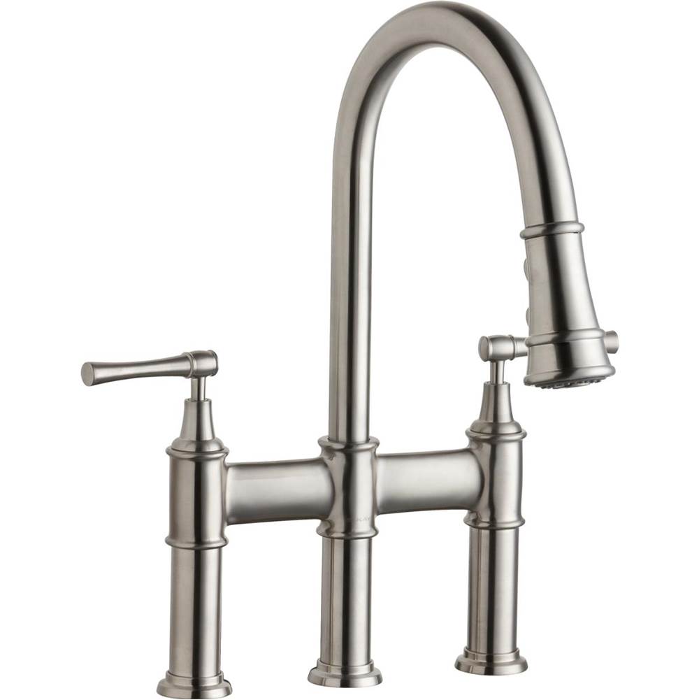 SPS Companies, Inc.ElkayExplore Three Hole Bridge Faucet with Pull-down Spray and Lever Handles Lustrous Steel