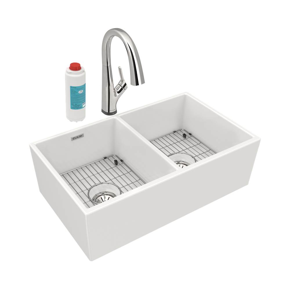 SPS Companies, Inc.ElkayFireclay 33'' x 19-15/16'' x 9'', Equal Double Bowl Farmhouse Sink Kit with Filtered Faucet, White